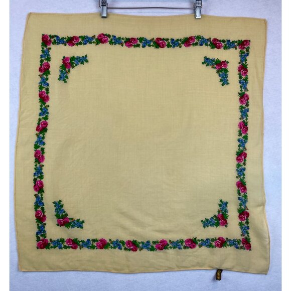 Vintage Wool Scarf Yellow Pink Blue Floral Border Japan 60s 70s - Picture 5 of 6